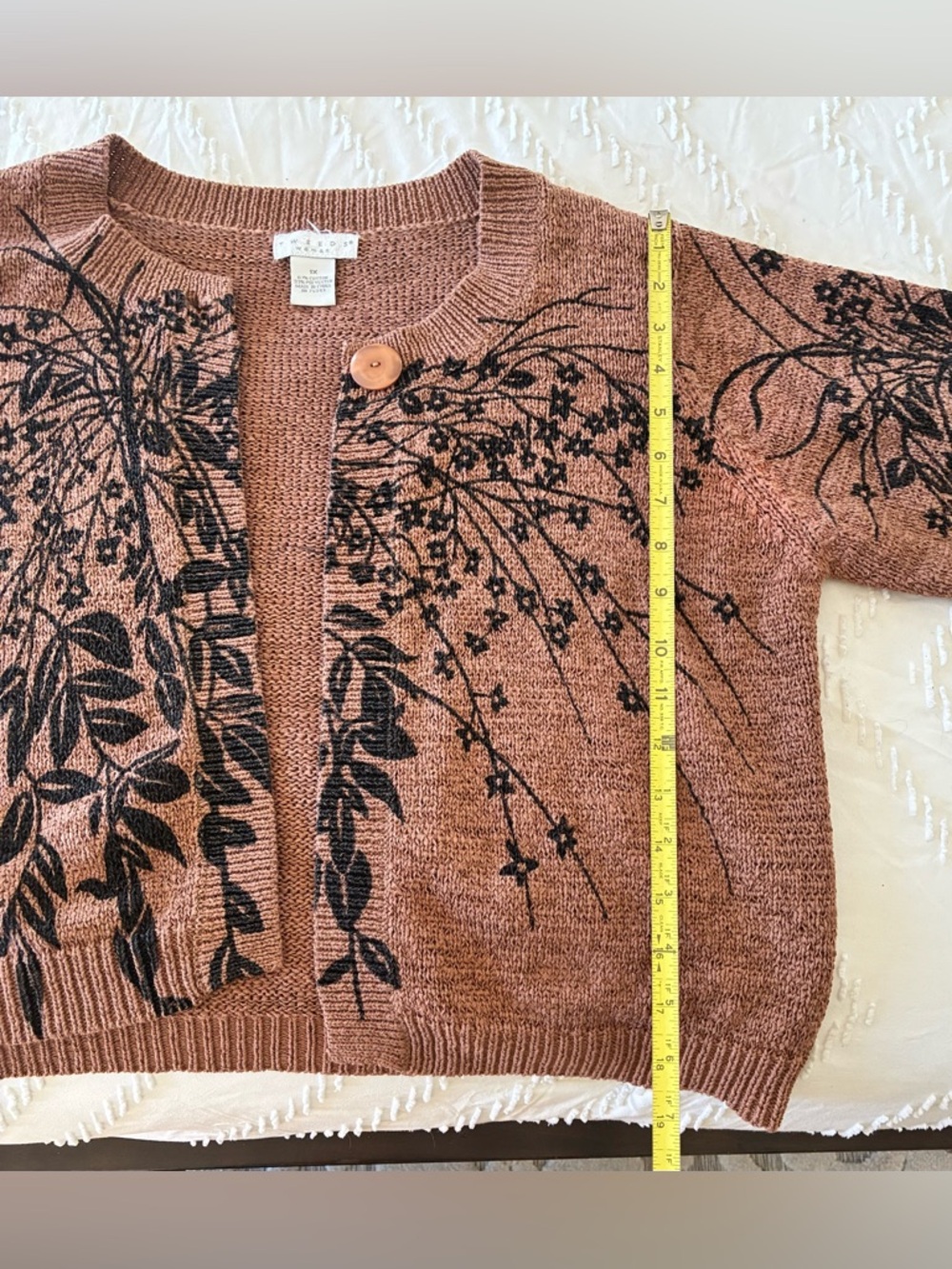 Vintage Tweed  Floral Print Button-Front Women’s Sweater - Brown 1X - Picture 5 of 6